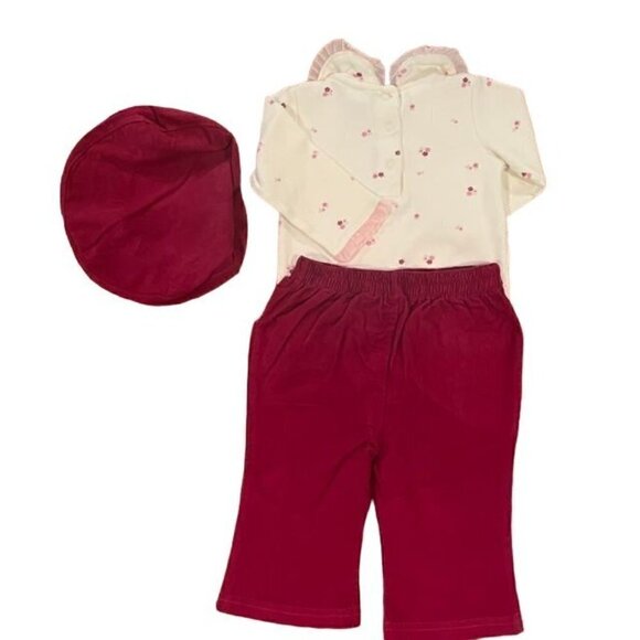 Little Wonders Girls 3-Piece Set Berry Corduroy Pants/Cap+Cream Floral Top 3-6M - Picture 3 of 4